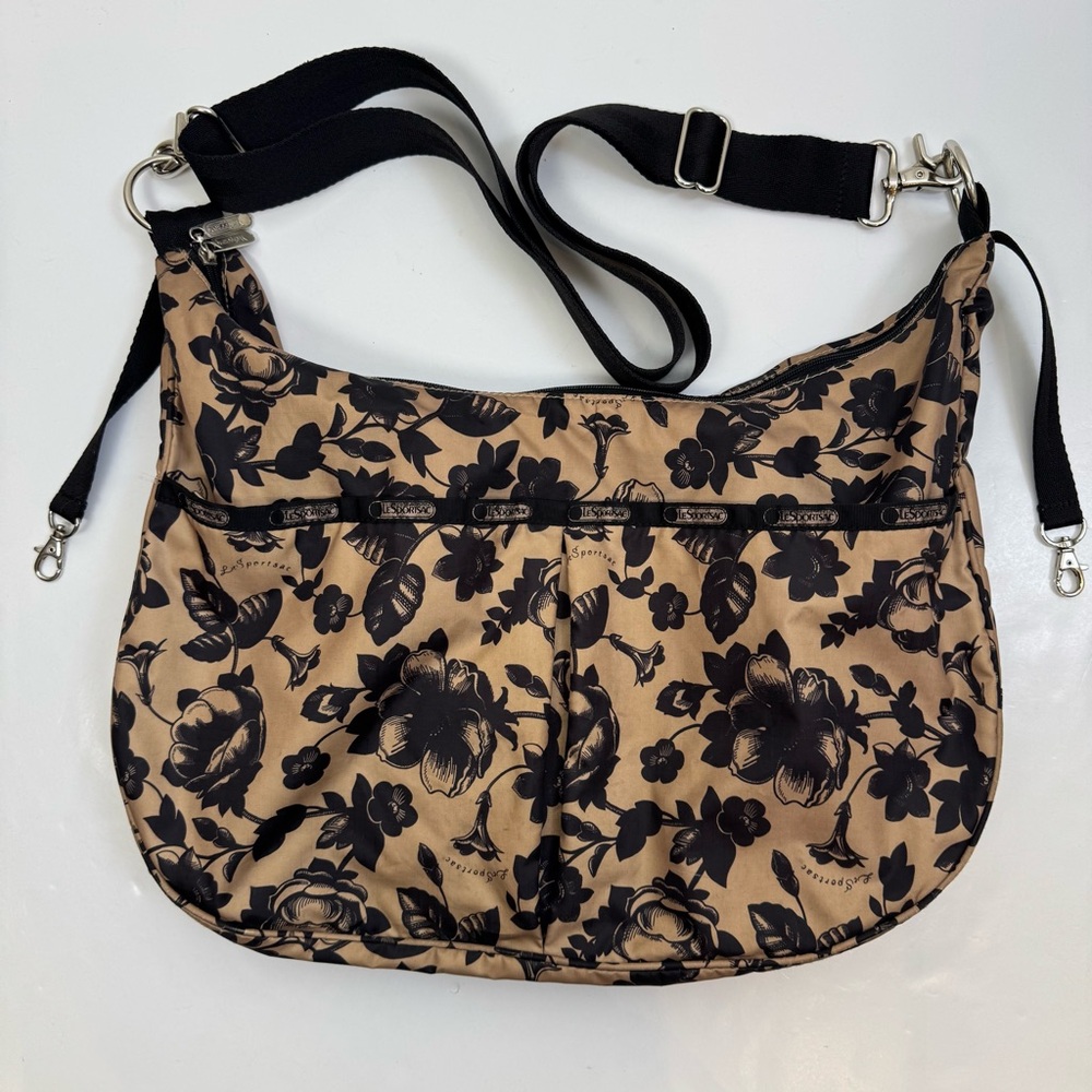LeSportsac Baby Diaper Bag Floral Black Tan Nylon Changing Pad Adjustable Strap - Picture 2 of 14